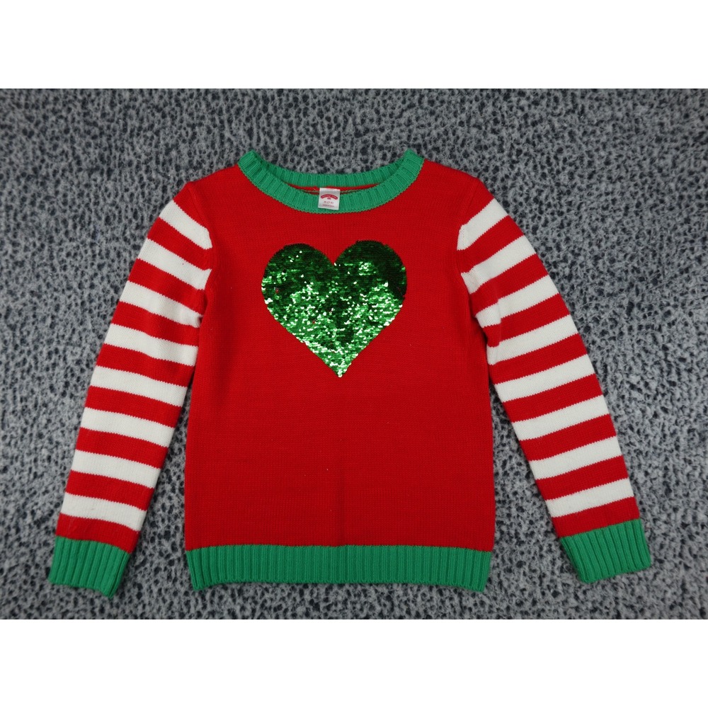 Holiday Time Christmas Sweater Girls M 7-8 Red Green Sequin Heart Striped Sleeve